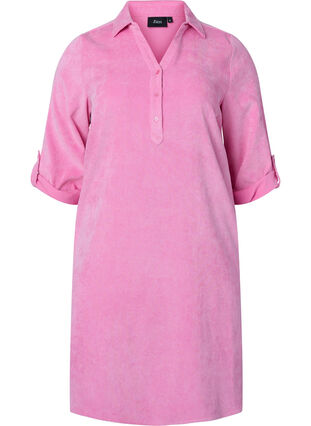 Sammetsklänning med 3/4 ärmar och knappar, Begonia Pink, Packshot image number 0