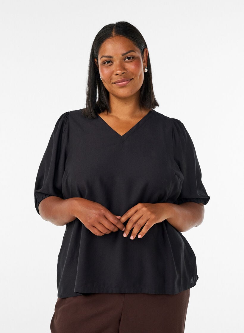 Blus i viskos med v-ringning, Svart, Model image number 0