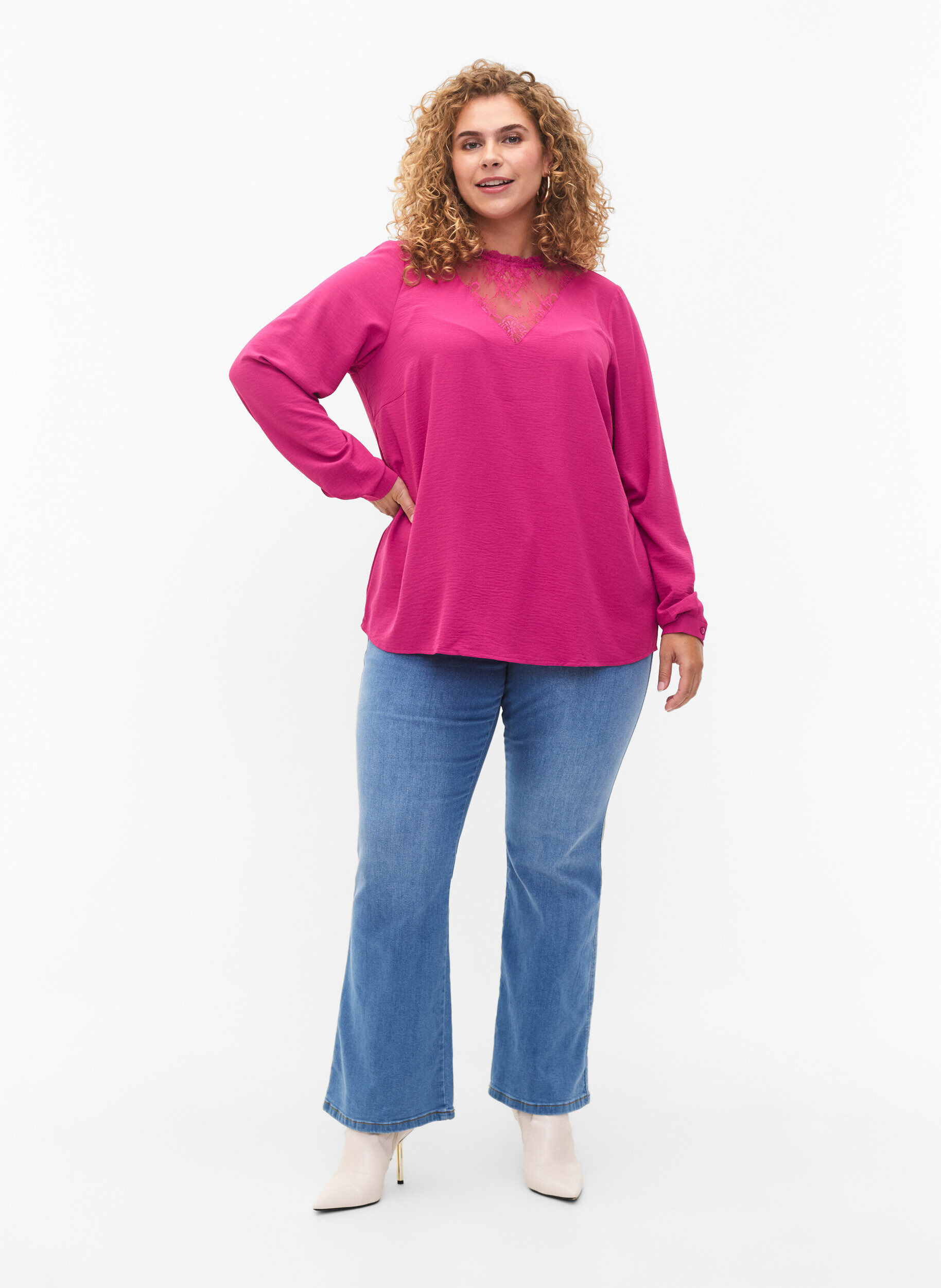 Zizzi L&aring;ng&auml;rmad blus med spetsdetaljer, Festival Fuchsia, Model image number 2