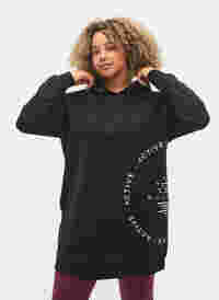Lång sweatshirt med huva och tryck, Black w. Logo Print, Model