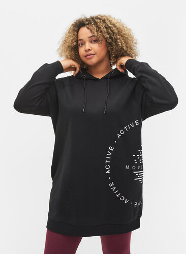 Lång sweatshirt med huva och tryck, Black w. Logo Print, Model image number 0