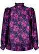 Blus i blommig jacquard med volangdetaljer, Dark Blue Pink, Packshot image number 0