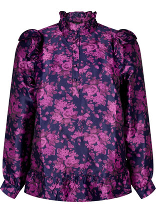 Blus i blommig jacquard med volangdetaljer, Dark Blue Pink, Packshot image number 0