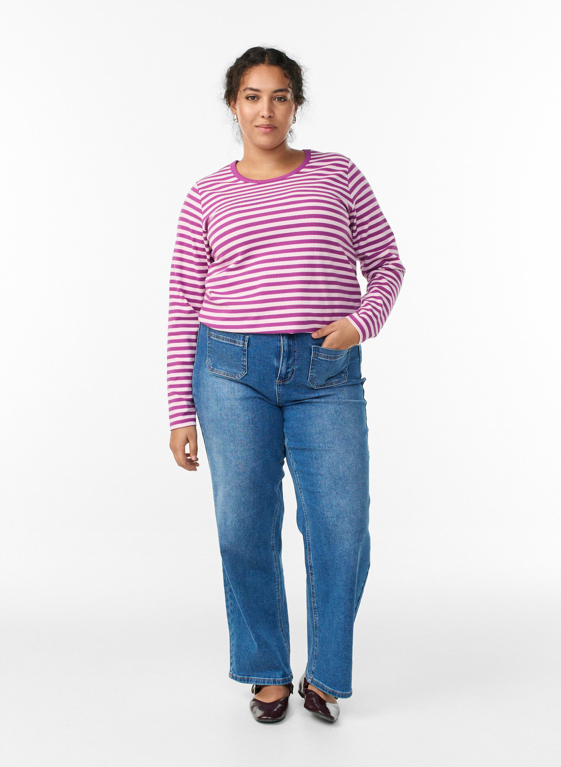 Zizzi Randig blus med l&aring;nga &auml;rmar, Lila, Model image number 1