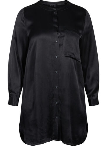 Lång skinande skjorta med slits, Black, Packshot image number 0