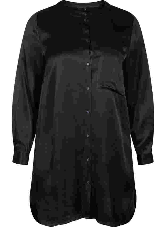 Lång skinande skjorta med slits, Black, Packshot image number 0