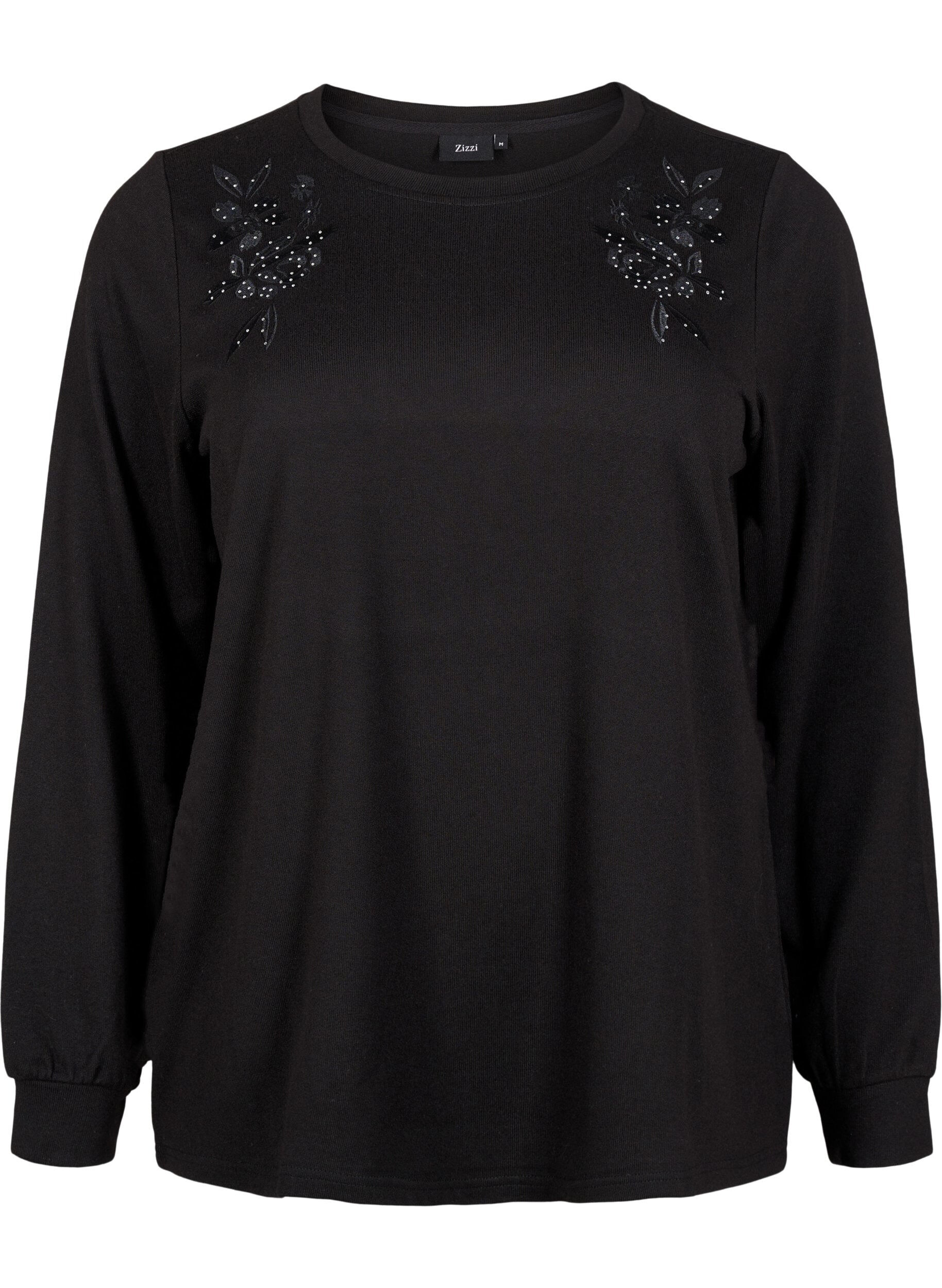 Zizzi Blus med broderi och strass, Black, Packshot image number 0