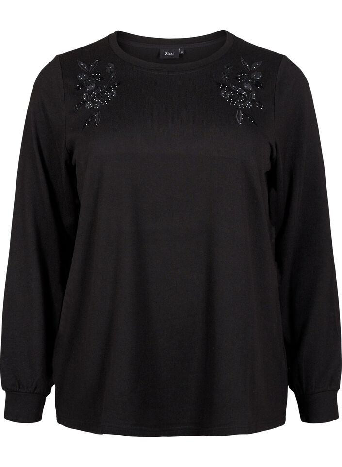Blus med broderi och strass, Black, Packshot image number 0