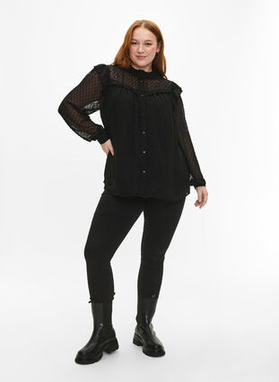 Skjortblus med volanger och prickig textur, Black, Model image number 2