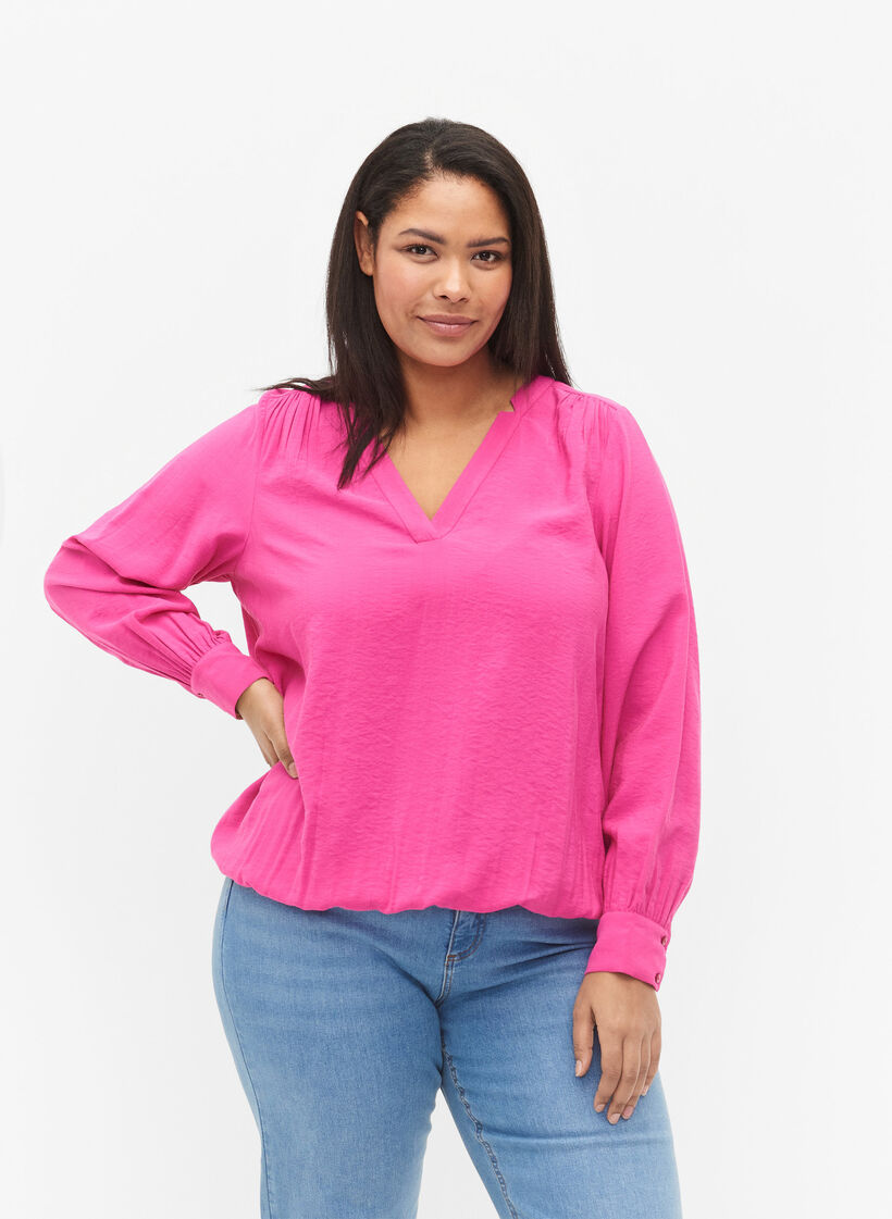 V-ringad blus i viskos, Raspberry Rose, Model image number 0