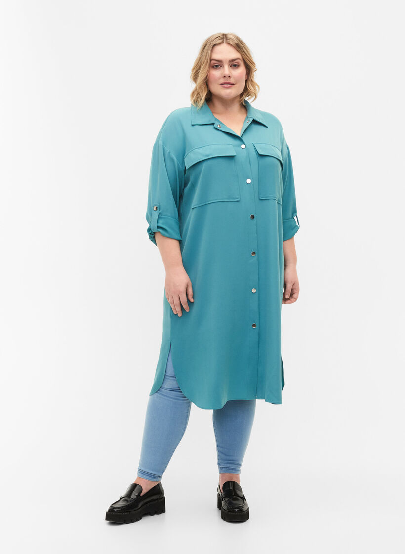 Lång skjortjacka med knappar, Brittany Blue, Model image number 2