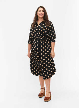 FLASH – Skjortklänning med tryck, Black Brown Dot, Model image number 0