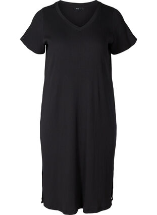 Ribbad klänning med korta ärmar och slits, Black, Packshot image number 0