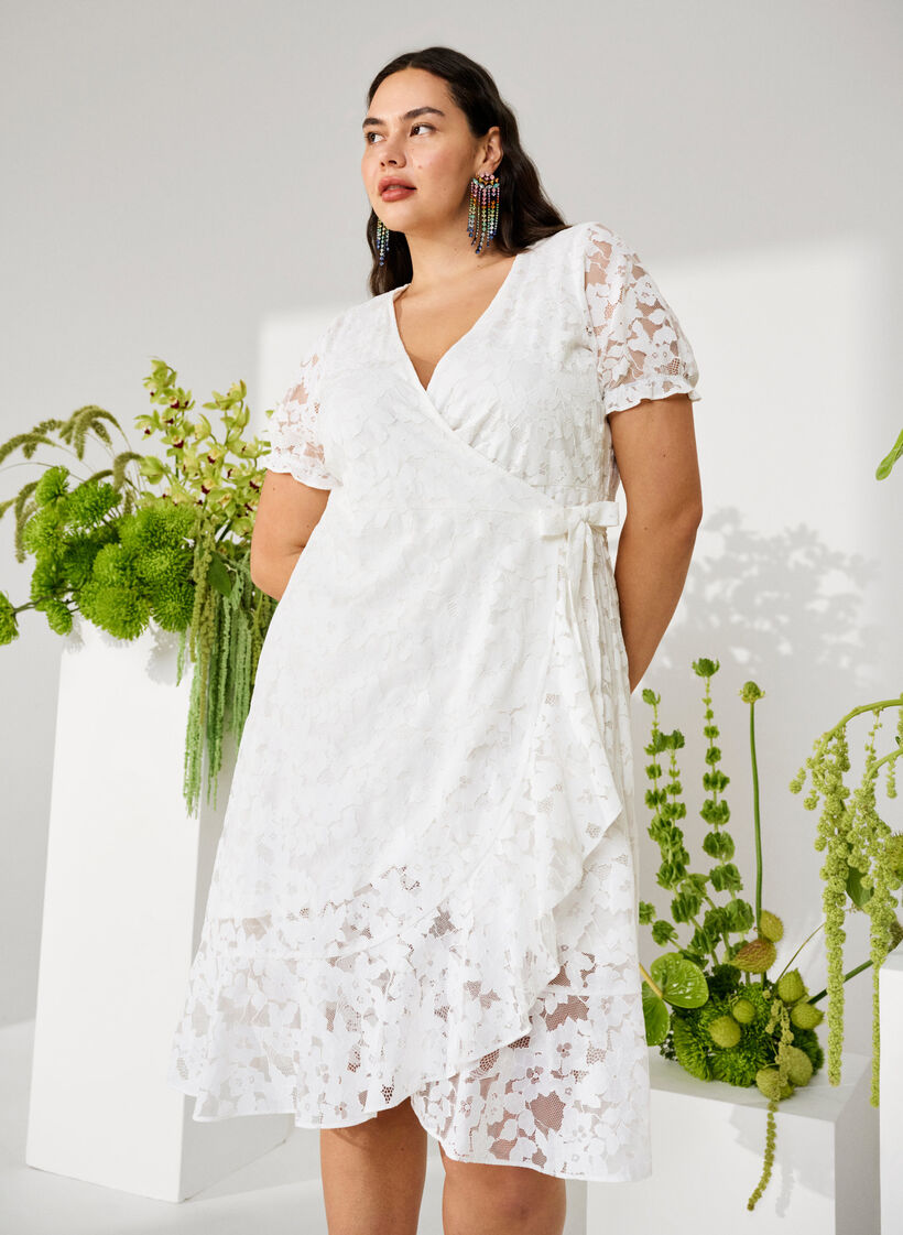 Omlottklänning med spets och korta ärmar, Bright White, Image