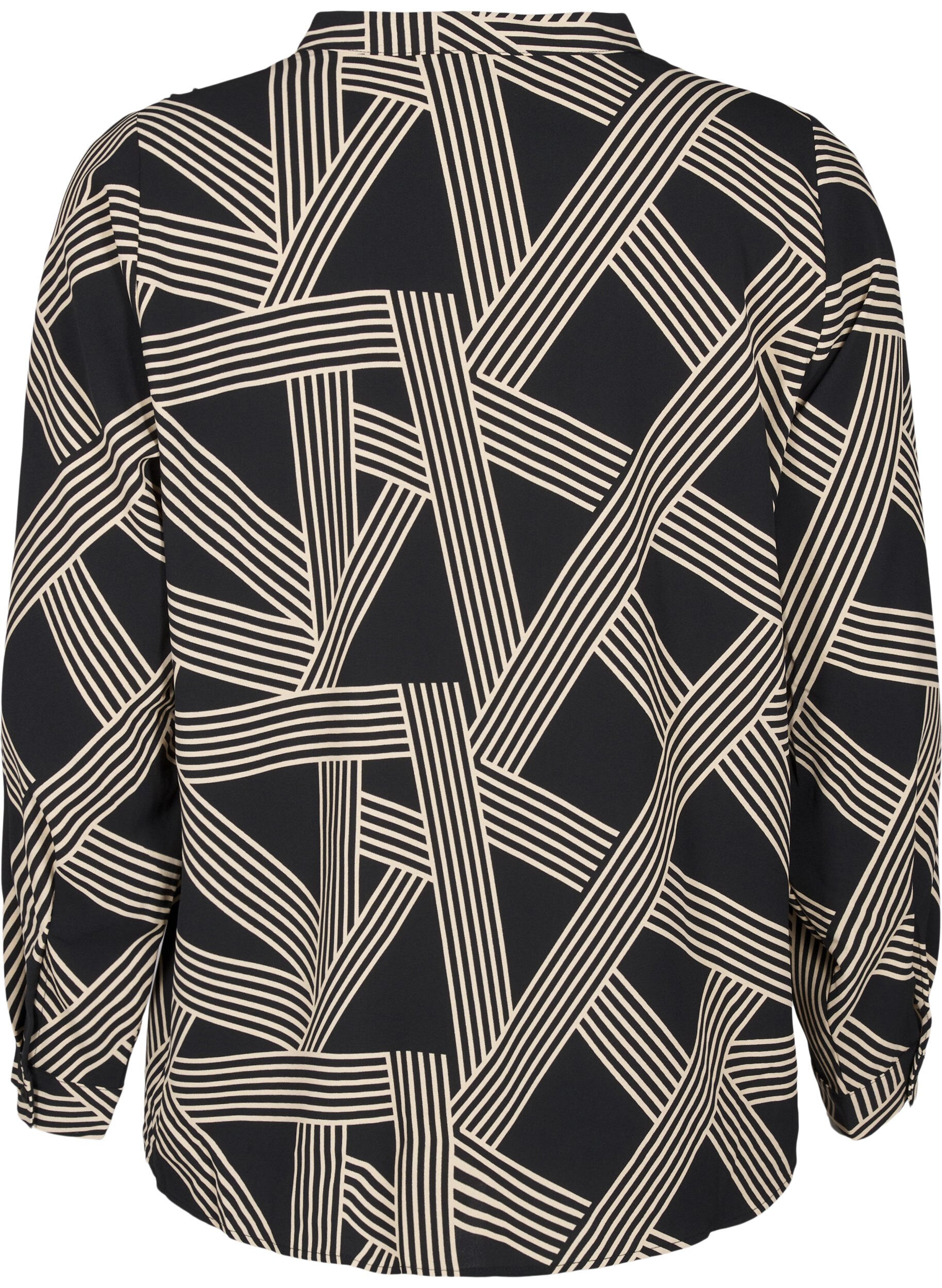 Zizzi L&aring;ng&auml;rmad skjortblus med V-ringning, BLACK BEIGE GRAPHIC, Packshot image number 1