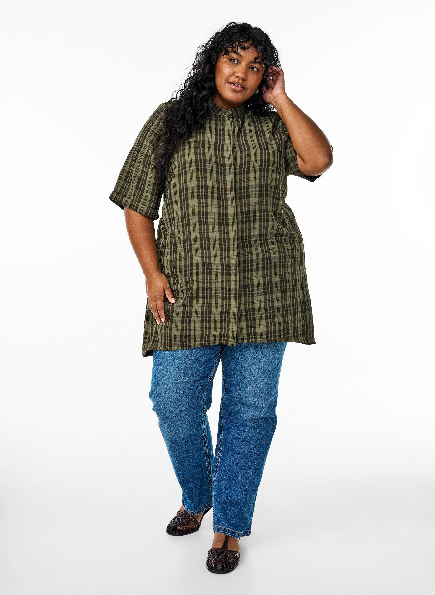 Zizzi Tunika med korta &auml;rmar och rutigt m&ouml;nster, Gr&ouml;n, Model image number 1