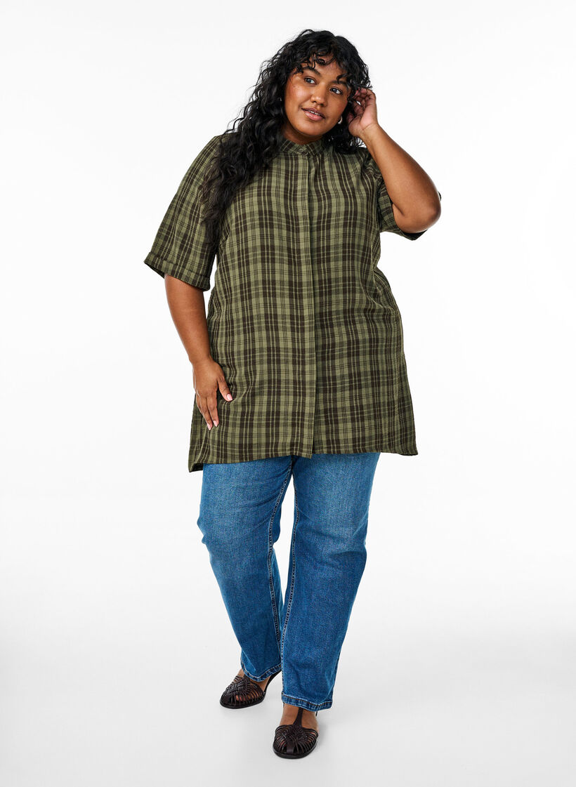 Tunika med korta ärmar och rutigt mönster, Grön, Model image number 1