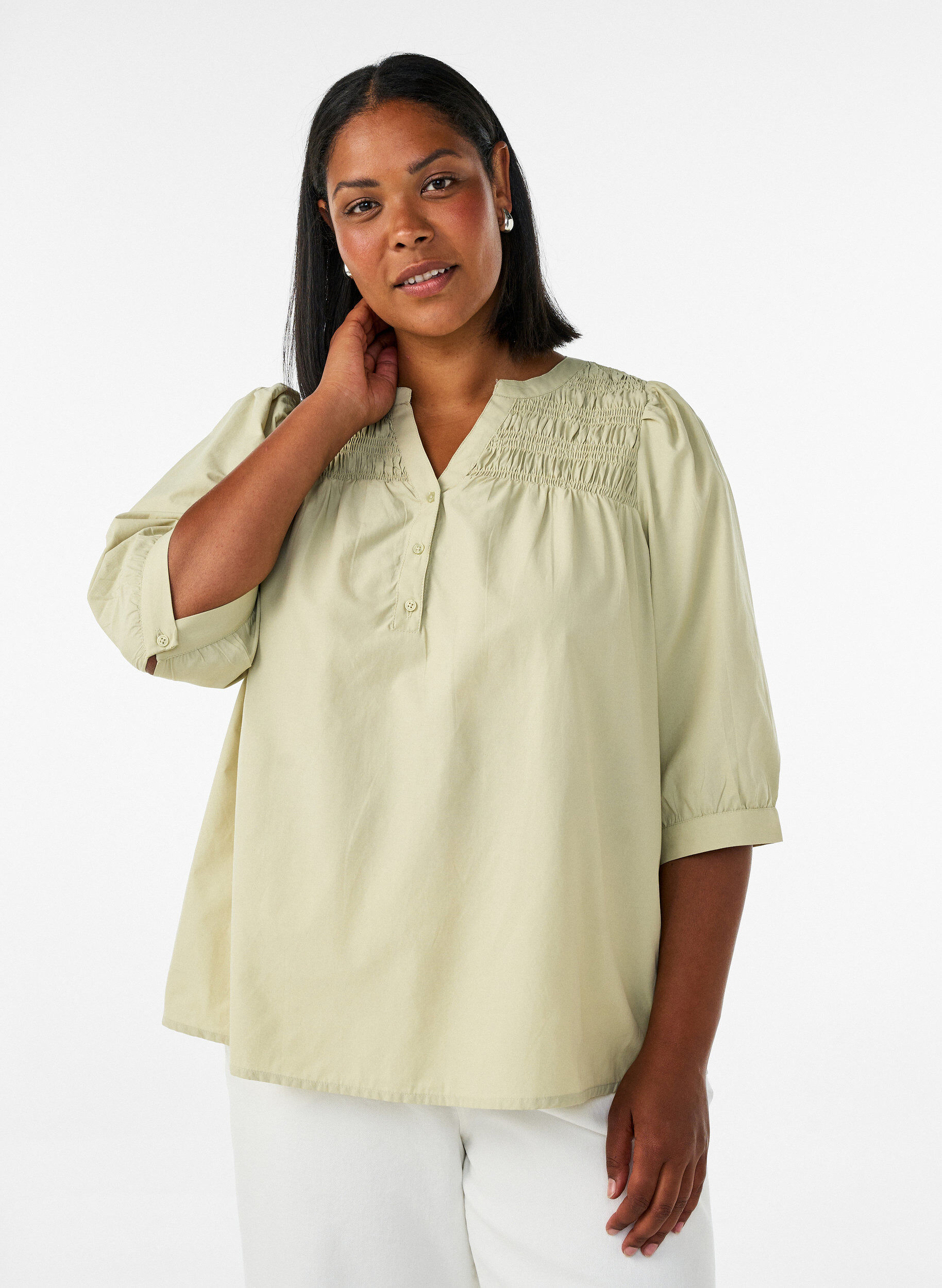 Blus med smock och 3/4-&auml;rmar, Gr&ouml;n, Model
