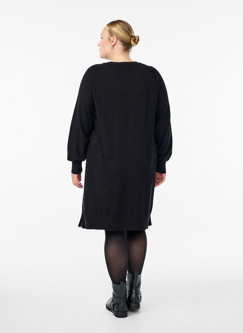 Stickad kort kl&auml;nning med raglan&auml;rm och mitts&ouml;m, Svart, Model image number 2