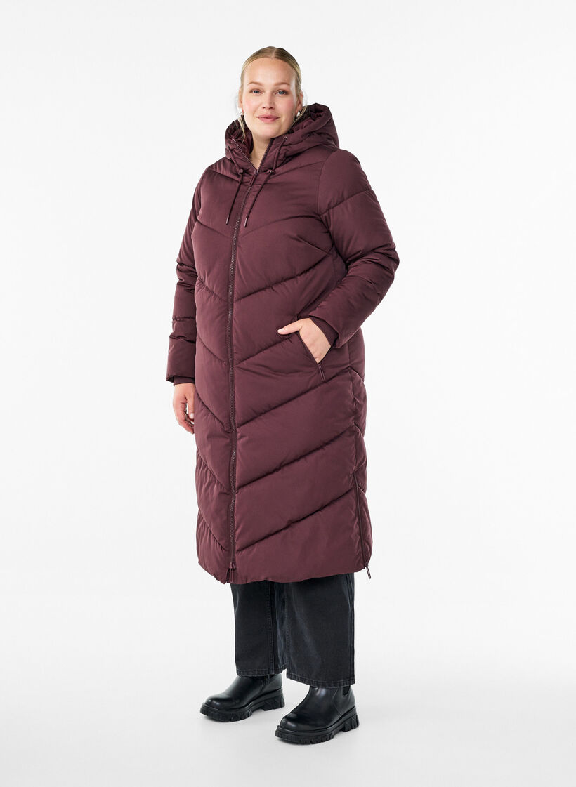 L&aring;ng pufferjacka med huva och fickor, M&ouml;rk Bordeaux, Model image number 0