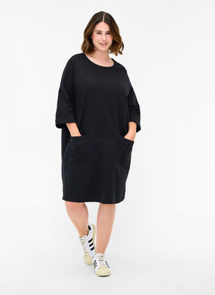 Sweatshirtklänning i bomull med 3/4-ärmar och fickor, Black, Model image number 2