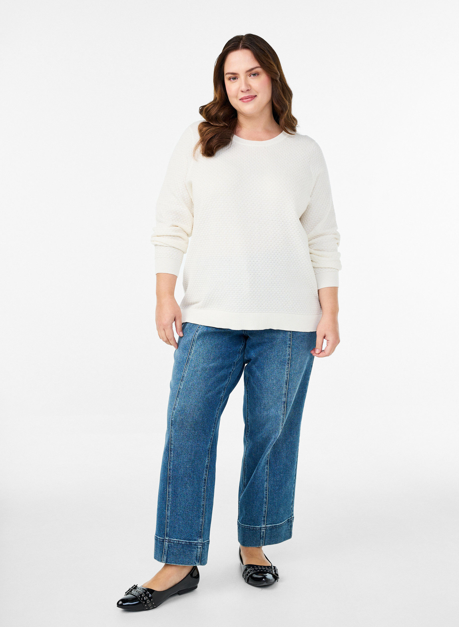 Zizzi Stickad blus i bomull med strukturm&ouml;nster, Vanilla, Model image number 1