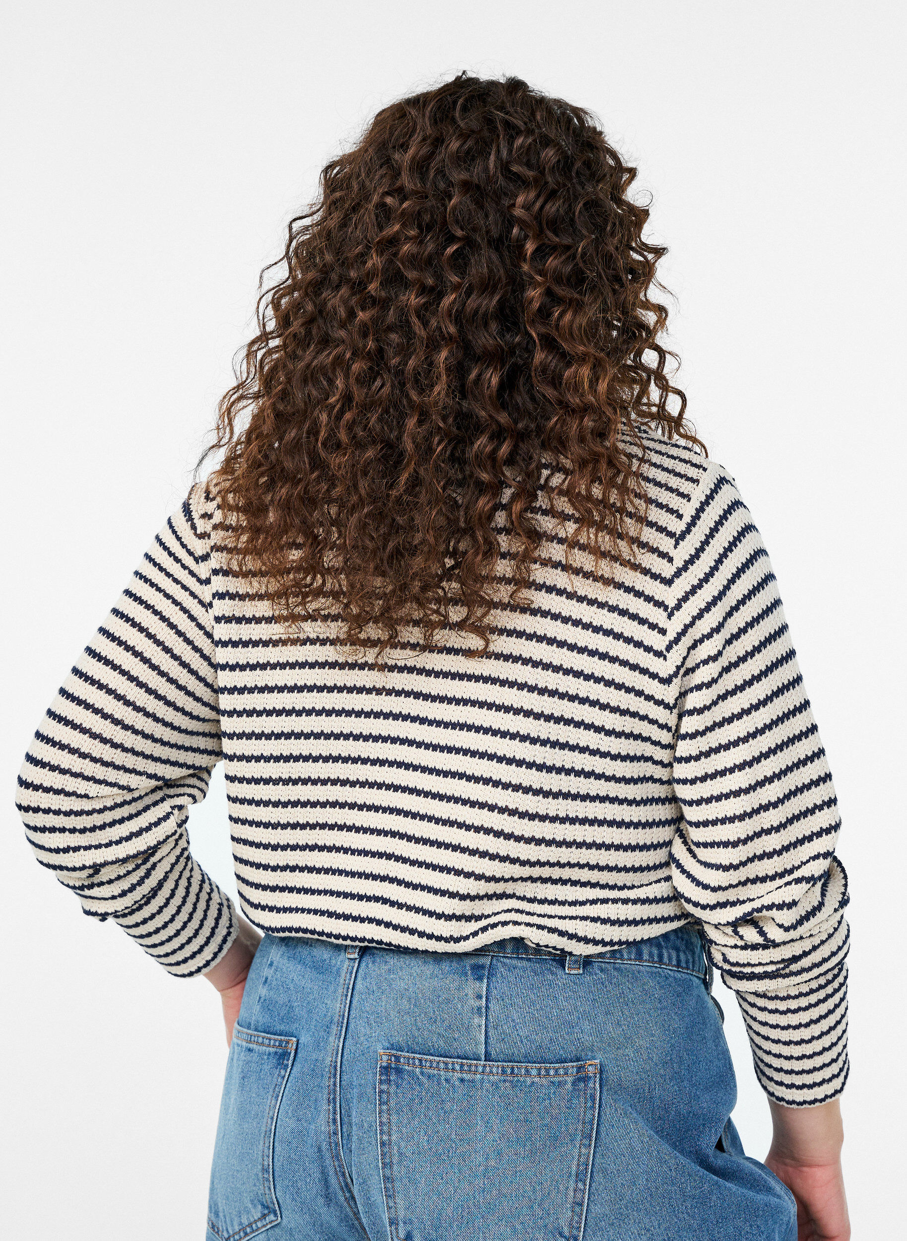 Zizzi Randig blus i jersey med krage och v-ringning, Beige, Model image number 2