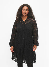 Spetsklänning med knappar och a-linjeform, Black, Model