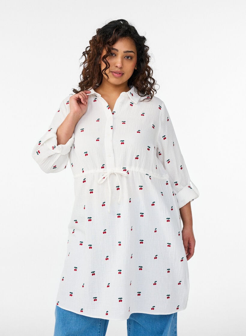 Skjortkl&auml;nning i bomullsmuslin med broderade motiv, Vanilla, Model image number 0