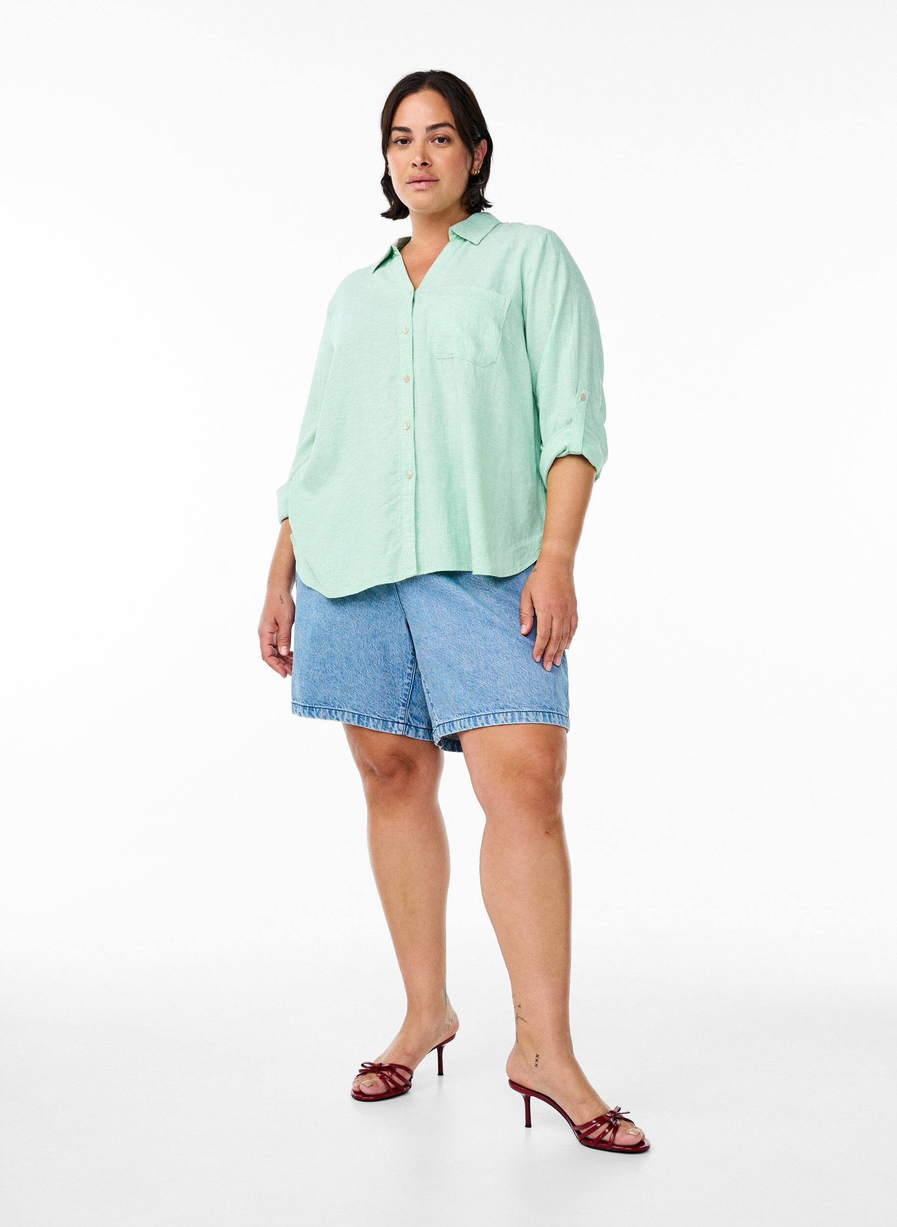 ZizziSkjorta i linne och viskos med 3/4-&auml;rmar, Gr&ouml;n, Model image number 1