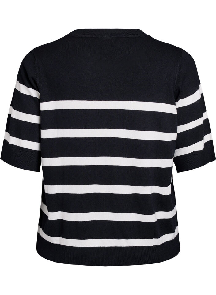Randig stickad topp med korta &auml;rmar, Svart, Packshot image number 1