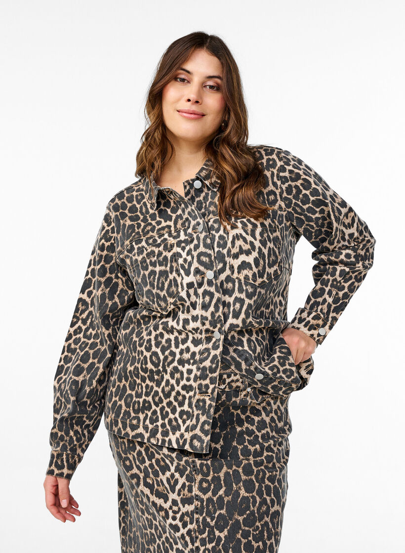 Jeansjacka med leopardmönster och bröstfickor, Brun, Model image number 0