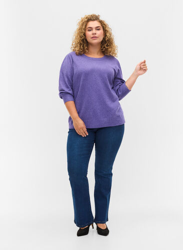 Melerad stickad tröja med 3/4-ärmar, Ultra Violet Mel., Model image number 4