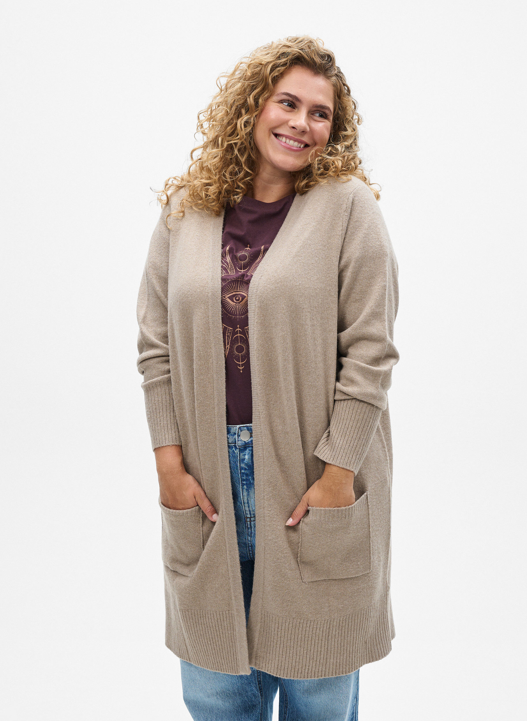 ZizziRibbstickad kofta med fickor, Beige, Model image number 0