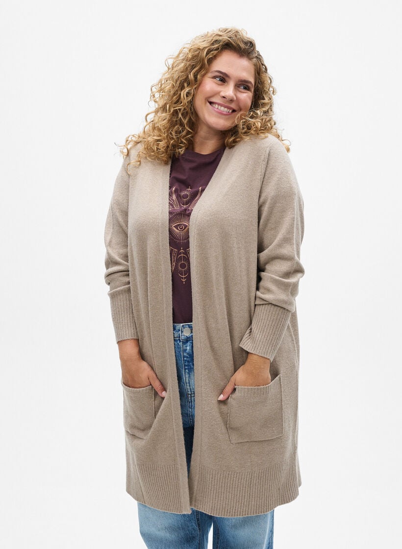 Ribbstickad kofta med fickor, Beige, Model image number 0