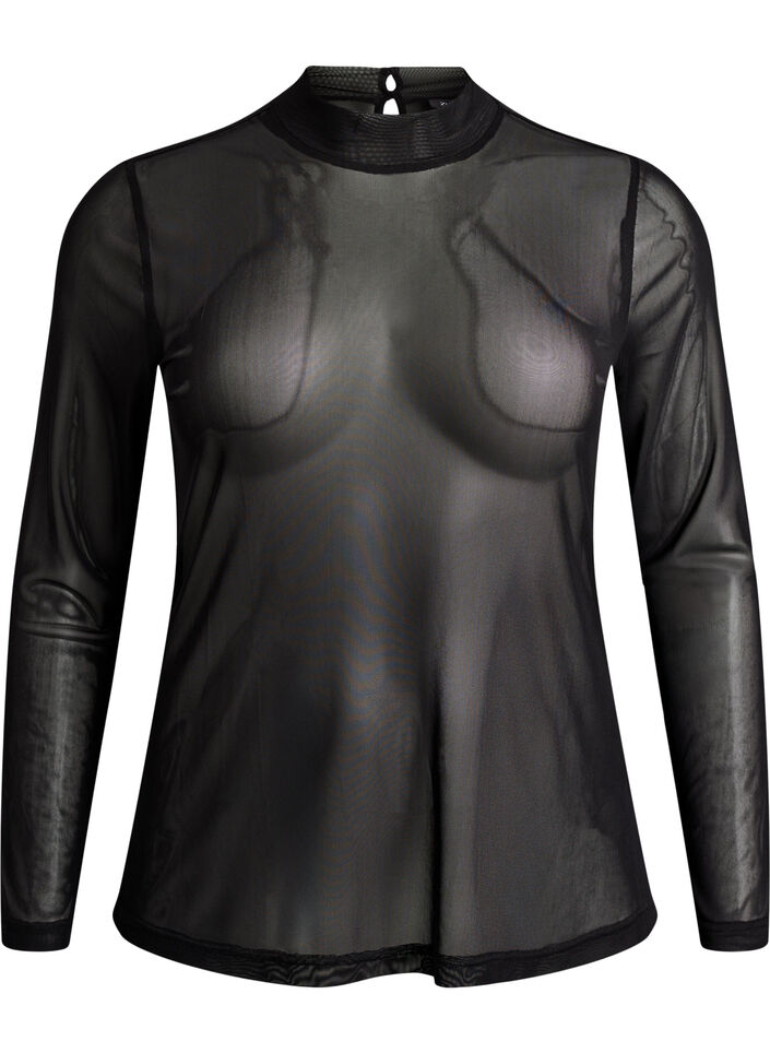 Figursydd blus i mesh med l&aring;nga &auml;rmar, Svart, Packshot image number 0