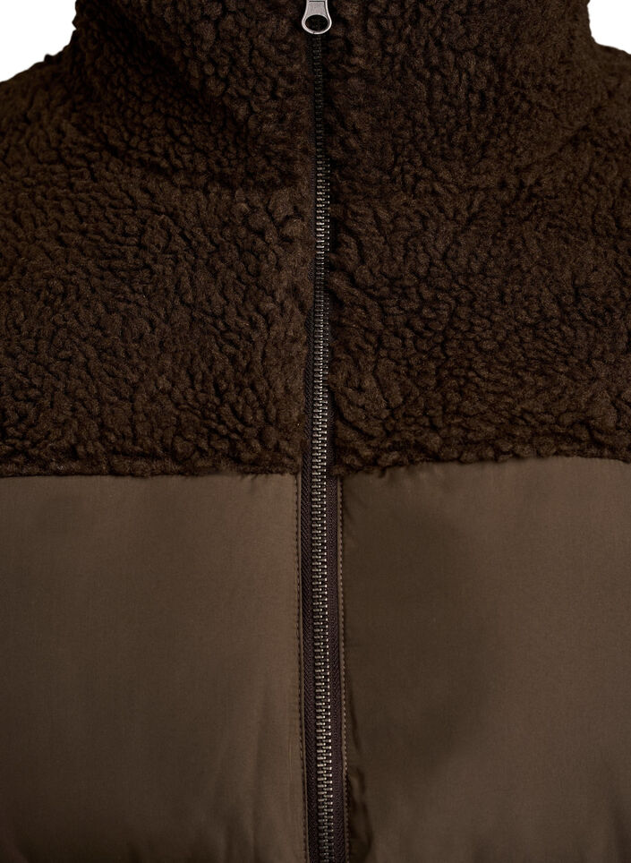 Halvl&aring;ng pufferjacka med teddyfleece, Brun, Packshot image number 2