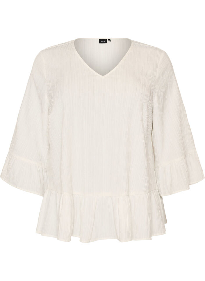 Blus med struktur, v-ringning och volanger, Vanilla, Packshot image number 0