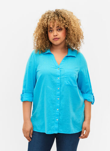 Skjortblus med knäppning i en blandning av bomull och linne, Blue Atoll, Model image number 0