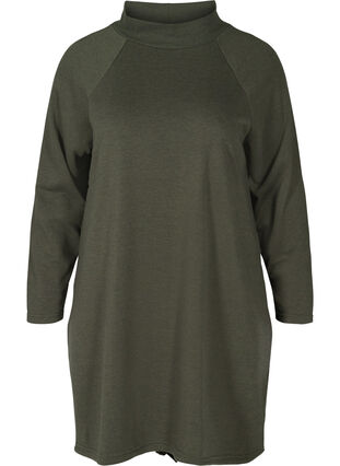 Höghalsad sweatklänning med knytdetalj, Ivy Green Melange, Packshot image number 0