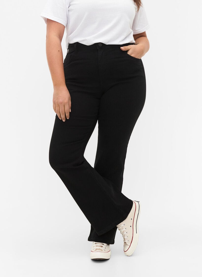 H&ouml;gmidjade jeans med bootcut, Svart, Model image number 2