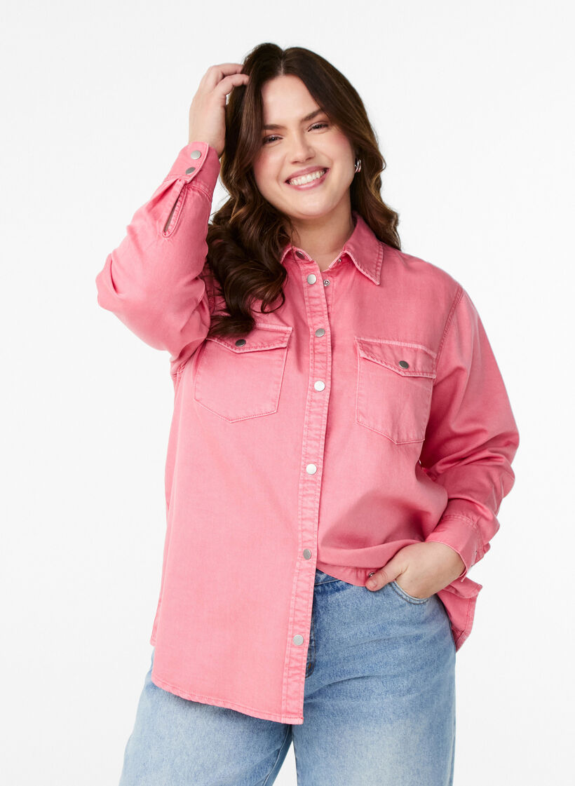 Denimskjorta med bröstfickor, Rosa, Model image number 0