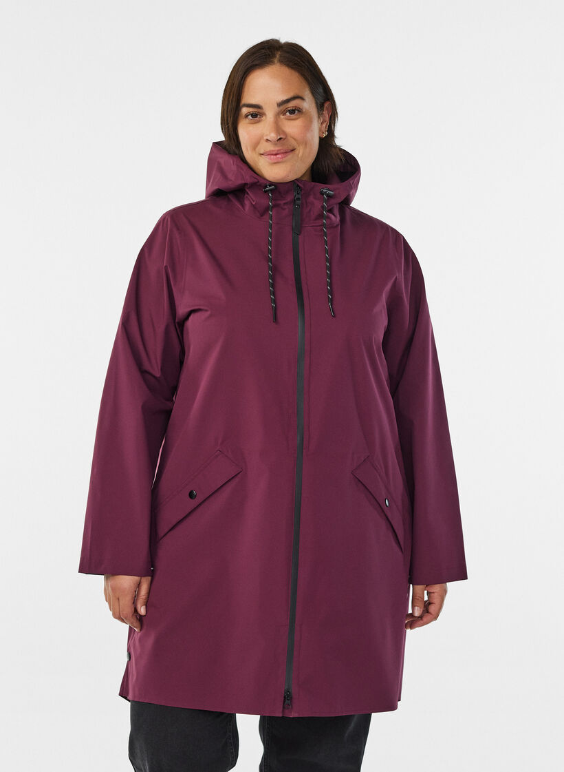 Regnjacka med fickor och huva, M&ouml;rk Bordeaux, Model image number 0