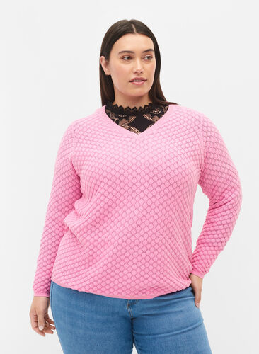Stickad tröja med mönster och v-ringad hals, Begonia Pink, Model image number 0