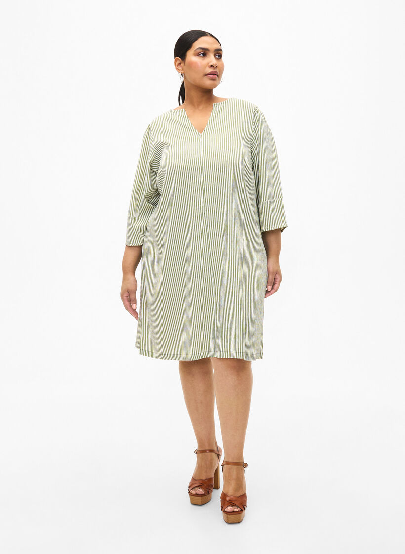 Randig klänning med trekvartsärm, Green Stripe, Model image number 2