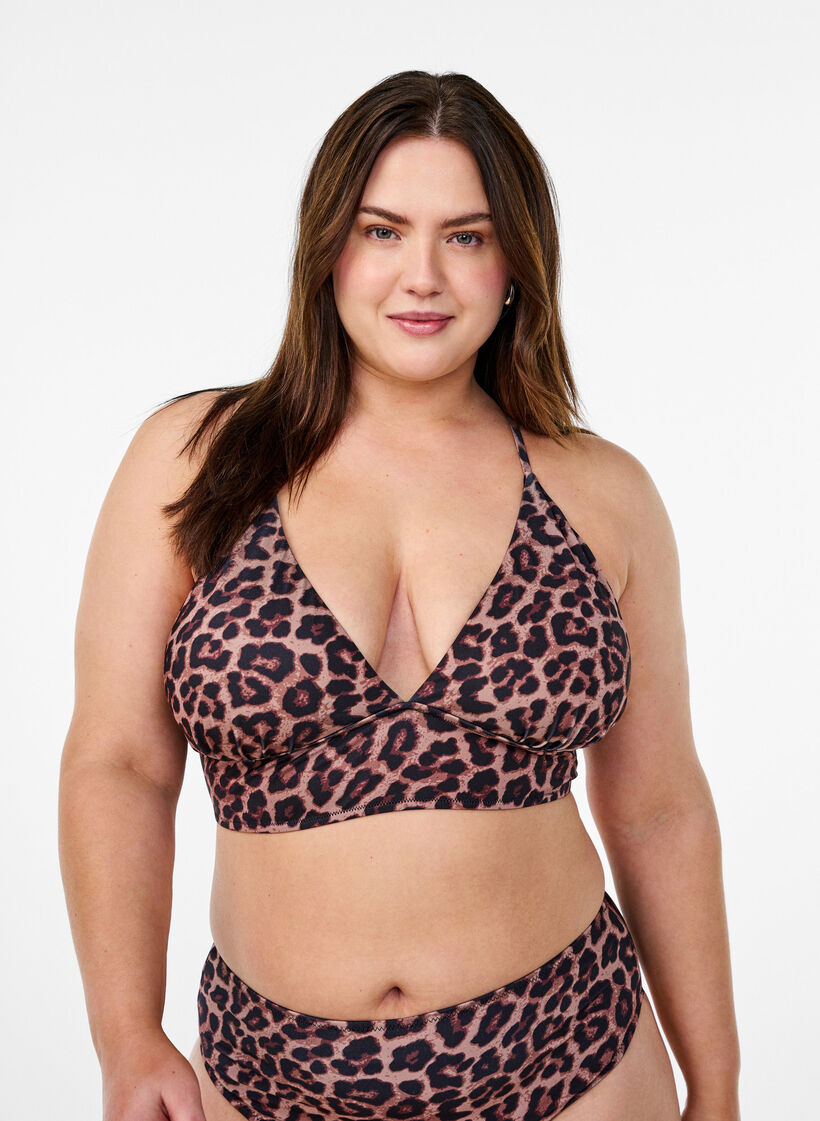 Leopardm&ouml;nstrad bikinitopp med knytning i ryggen, Brun, Model image number 0