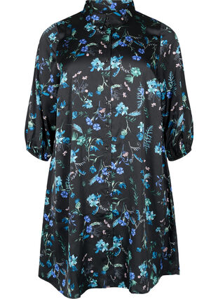 Skjortklänning med trekvartsärm och blommigt tryck, Blue Flower AOP, Packshot image number 0