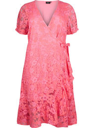 Omlottklänning med spets och korta ärmar, Pink Carnation