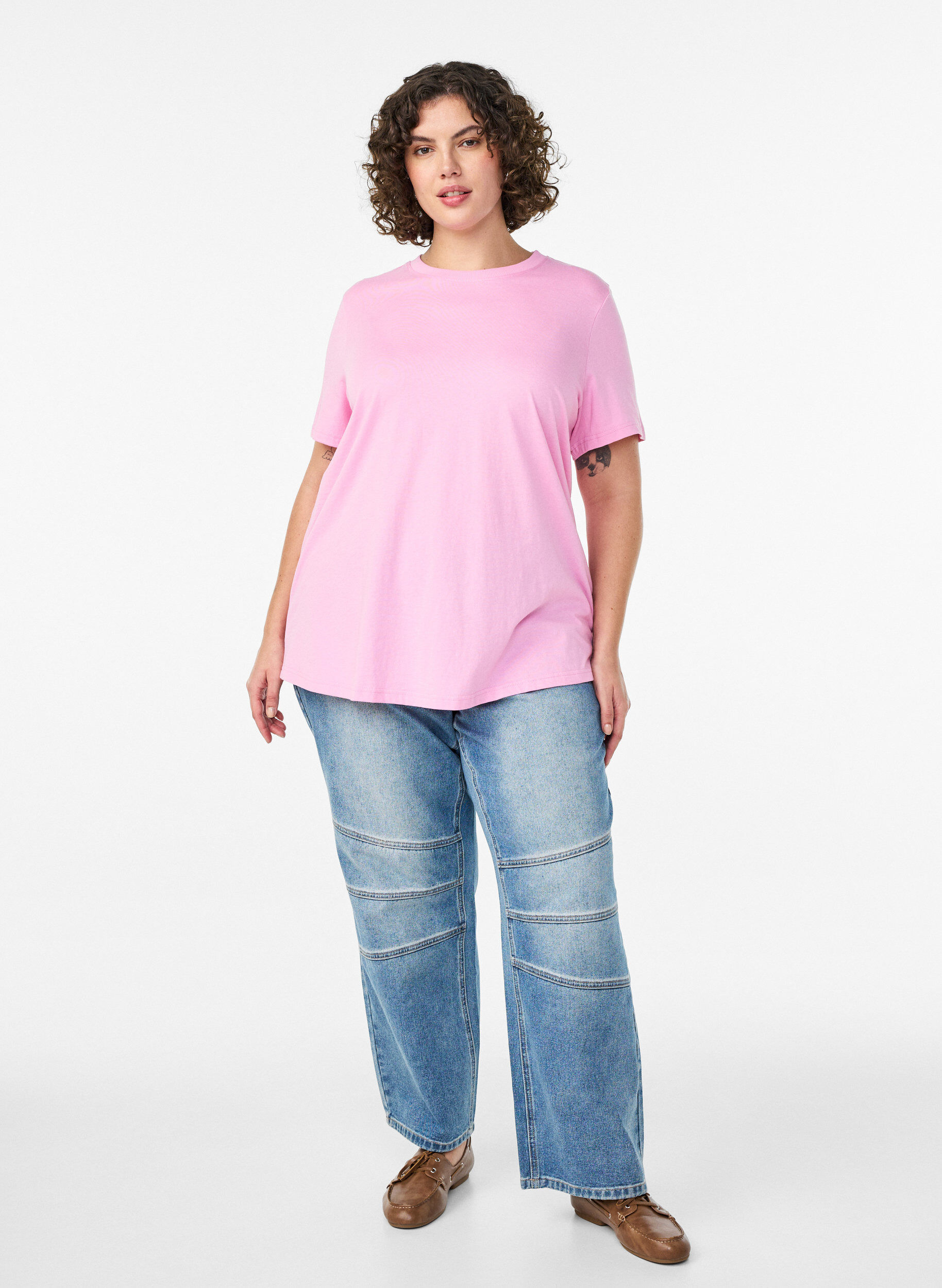 Zizzi Enkel t-shirt i bomull med rund halsringning, Rosa, Model image number 1