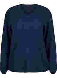 Stickad tröja med mönster och v-ringad hals, Navy Blazer